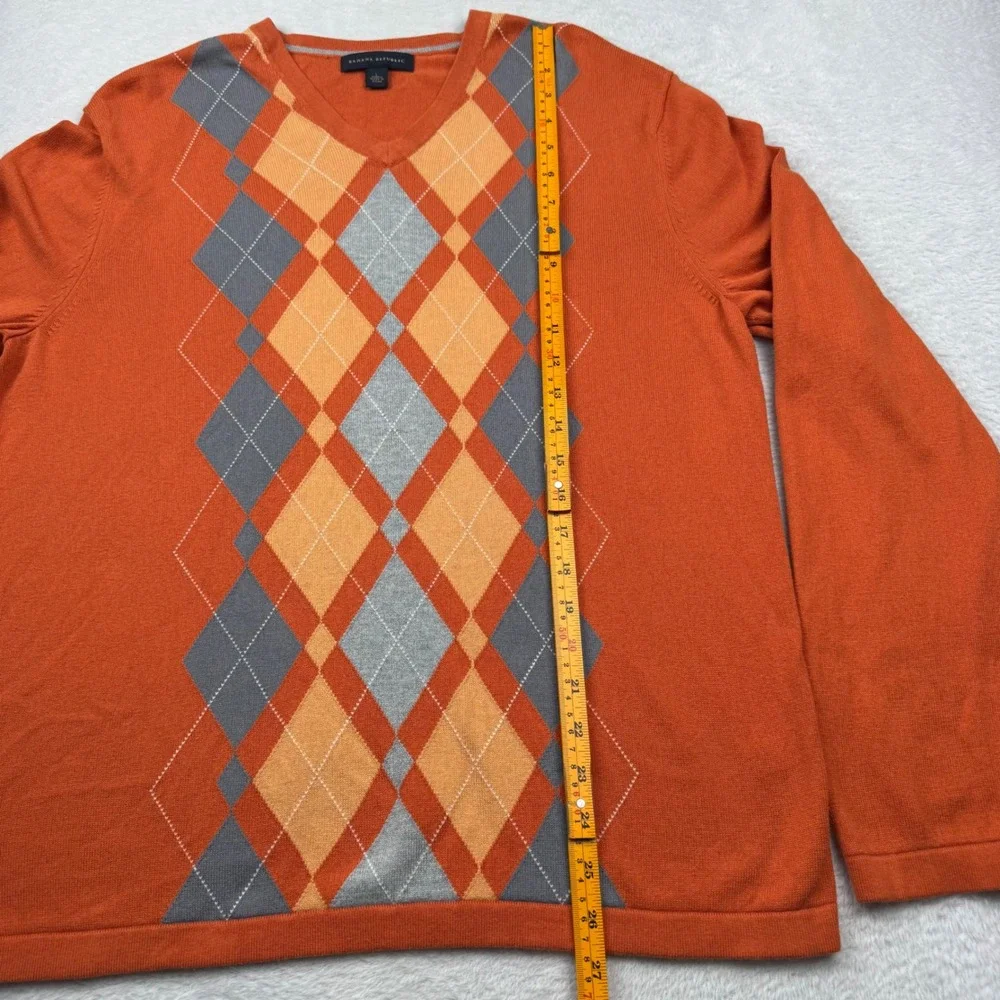 Banana Republic Cashmere Silk Sweater Mens Large Orange Argyle V-Neck 626345
